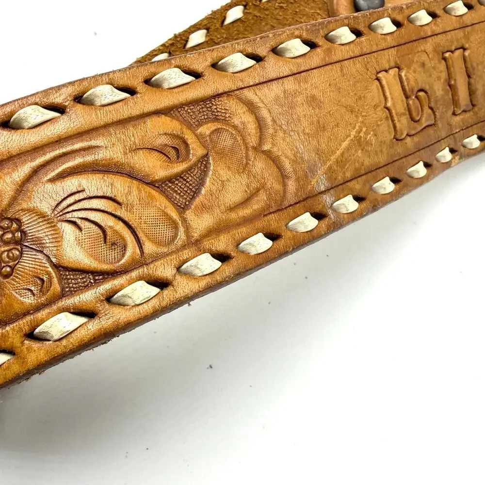 Linda Vintage Western Name Belt 34 Hand Tooled Laced Brown Leather Cowgirl